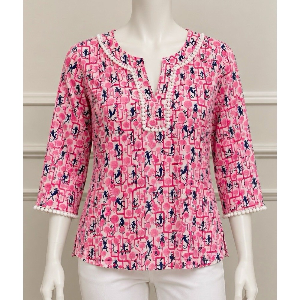 TALBOUTS Women's Pink Monkey Animal Print 3/4 Sleeve Tunic Blouse Size Large